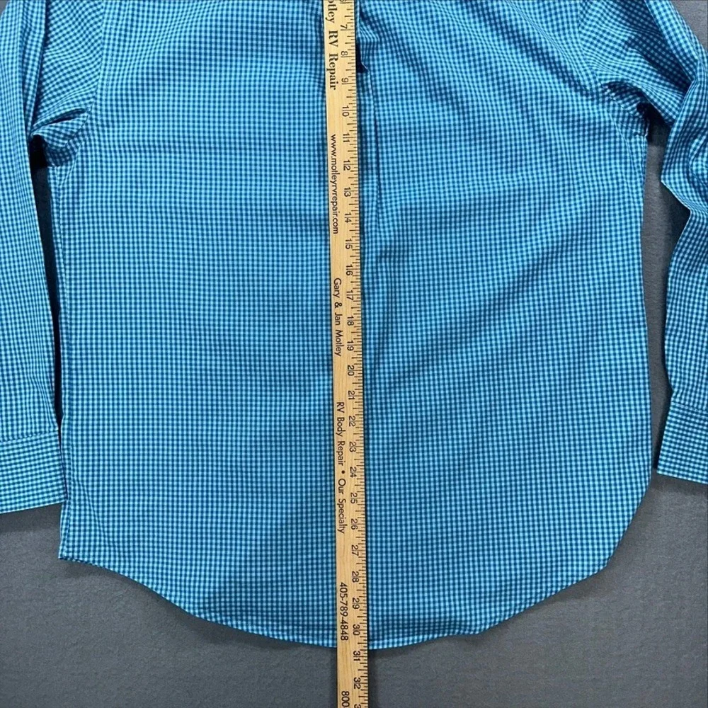 IZOD Button Down Shirt Mens M Blue Teal Gingham Non-Iron Stretch Long Sleeve
